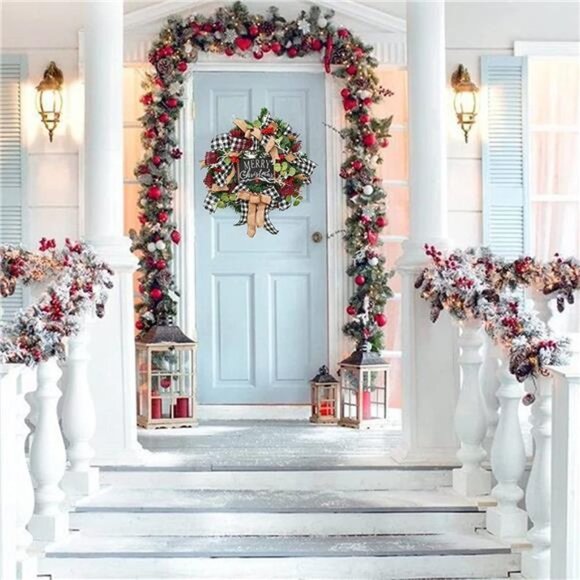 Christmas Buffalo Check Wreath, Outdoor Christmas Wreaths, Front Door Decoration - Picture 5 of 7